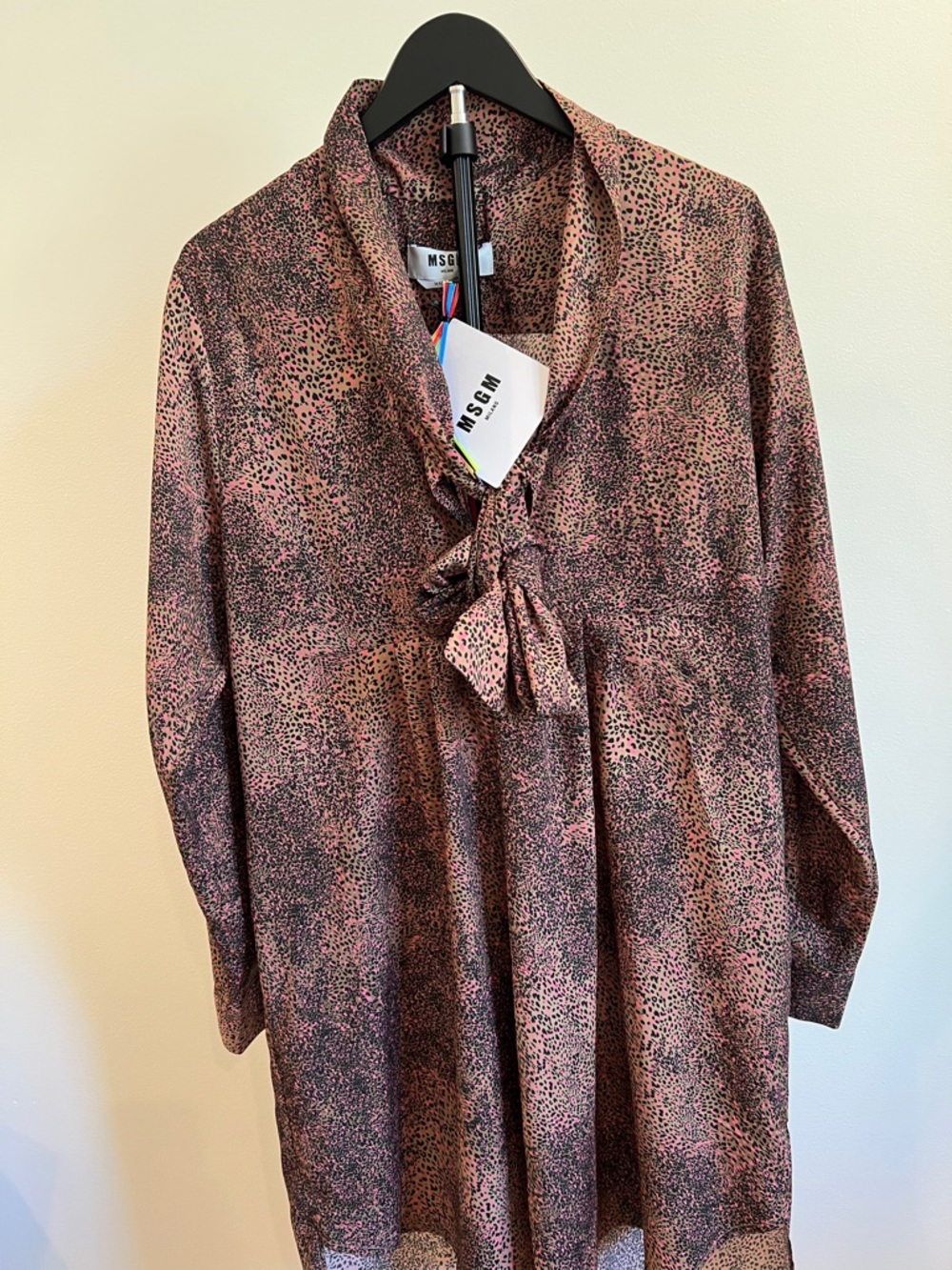 MSGM Pink and Black Speckle Cheetah Tie-Neck Tunic Dress